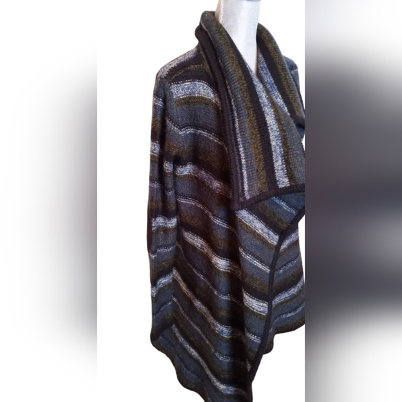 Kensie Cardigan Sweater Oversized Rib-Knit Collar Striped Drapey Open Front - Picture 10 of 13